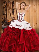 Free and Easy Wine Red Lace Up Strapless Embroidery and Ruffles Quinceanera Gowns Satin and Organza Sleeveless