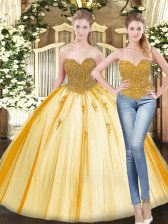  Beading and Appliques Quinceanera Gowns Gold Lace Up Sleeveless Floor Length