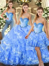 Discount Light Blue Three Pieces Organza Sweetheart Sleeveless Beading and Ruffles Floor Length Lace Up Ball Gown Prom Dress