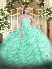  Sweetheart Sleeveless Quinceanera Dresses Brush Train Beading and Ruffled Layers Apple Green Organza