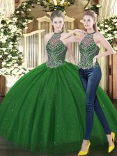  Sleeveless Floor Length Beading Lace Up Sweet 16 Dress with Dark Green