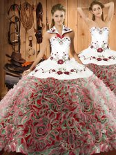  Multi-color Ball Gowns Halter Top Sleeveless Fabric With Rolling Flowers Sweep Train Lace Up Embroidery Quince Ball Gowns