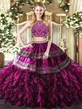 Fitting Fuchsia Ball Gowns Beading and Ruffles Quinceanera Gown Zipper Tulle Sleeveless Floor Length