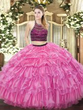  Rose Pink Sleeveless Beading and Ruffled Layers Floor Length Sweet 16 Dresses