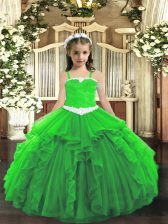 Pretty Sleeveless Tulle Floor Length Lace Up Little Girls Pageant Dress Wholesale in Green with Appliques and Ruffles
