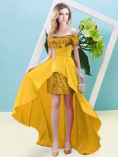 Suitable Gold Short Sleeves High Low Beading Lace Up Prom Party Dress