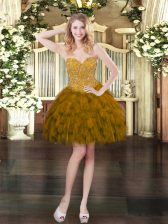  Mini Length Lace Up Prom Evening Gown Brown for Prom and Party with Beading and Ruffles