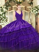 Dramatic Satin and Tulle V-neck Sleeveless Zipper Beading and Embroidery and Ruffled Layers Quince Ball Gowns in Purple