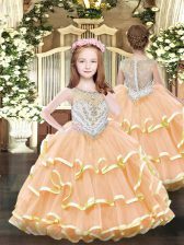 Great Orange Ball Gowns Beading and Ruffled Layers Pageant Gowns Zipper Organza Sleeveless Floor Length