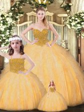 Affordable Sweetheart Sleeveless Lace Up Quinceanera Gowns Gold Tulle