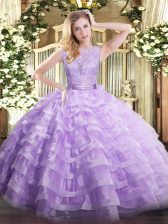 High Class Lavender Ball Gowns Organza Scoop Sleeveless Lace and Ruffled Layers Floor Length Backless Sweet 16 Quinceanera Dress