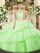 Beauteous Yellow Green Tulle Zipper Scoop Sleeveless Floor Length Quince Ball Gowns Ruffles
