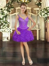  Eggplant Purple Ball Gowns Beading and Ruffles Dress for Prom Lace Up Tulle Sleeveless Mini Length