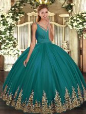  Floor Length Backless Sweet 16 Quinceanera Dress Turquoise for Military Ball and Sweet 16 and Quinceanera with Appliques