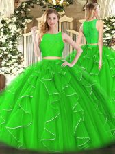  Green Ball Gowns Lace and Ruffles Quinceanera Dresses Zipper Organza Sleeveless Floor Length