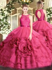 New Arrival Floor Length Hot Pink Quinceanera Gowns Fabric With Rolling Flowers Sleeveless Lace