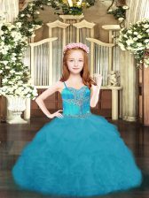 Simple Aqua Blue Sleeveless Floor Length Beading and Ruffles and Pick Ups Lace Up Child Pageant Dress
