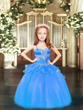 Pretty Baby Blue Lace Up Spaghetti Straps Beading Pageant Dress Womens Organza Sleeveless