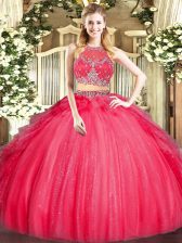  Red Scoop Zipper Beading and Ruffles Quinceanera Dresses Sleeveless
