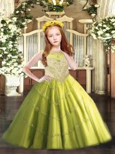  Floor Length Zipper Little Girls Pageant Dress Olive Green for Party and Quinceanera with Beading and Appliques