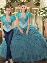  Sleeveless Floor Length Beading and Ruffles Lace Up 15 Quinceanera Dress with Teal 