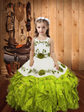  Olive Green Organza Lace Up Kids Formal Wear Sleeveless Floor Length Embroidery and Ruffles