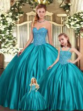  Teal Ball Gowns Sweetheart Sleeveless Organza Floor Length Lace Up Beading 15 Quinceanera Dress