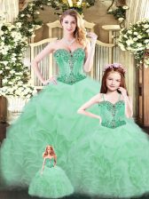 Most Popular Aqua Blue Ball Gowns Beading and Ruffles 15th Birthday Dress Lace Up Tulle Sleeveless Floor Length