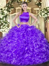 Low Price Eggplant Purple High-neck Neckline Ruffles 15th Birthday Dress Sleeveless Criss Cross