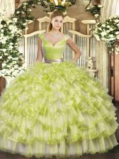  Yellow Green Sweet 16 Dress Military Ball and Sweet 16 and Quinceanera with Ruffled Layers V-neck Sleeveless Zipper