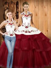  Embroidery and Ruffled Layers Sweet 16 Dresses Wine Red Lace Up Sleeveless With Train Sweep Train
