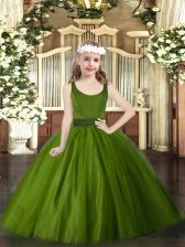 High Class Olive Green Ball Gowns Beading Girls Pageant Dresses Zipper Tulle Sleeveless Floor Length