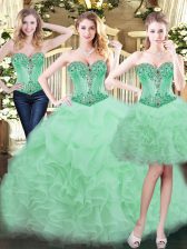  Apple Green Three Pieces Organza Sweetheart Sleeveless Beading and Ruffles Floor Length Lace Up Sweet 16 Quinceanera Dress