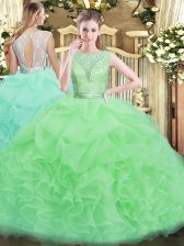 Elegant Organza Backless Quinceanera Gown Sleeveless Floor Length Lace and Ruffles