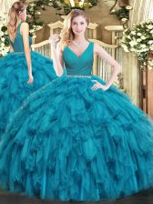  V-neck Sleeveless 15th Birthday Dress Floor Length Beading and Ruffles Teal Tulle