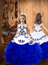  Royal Blue Kids Pageant Dress Sweet 16 and Quinceanera with Embroidery and Ruffles Straps Sleeveless Lace Up