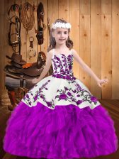 Custom Made Purple Lace Up Straps Beading and Embroidery Little Girl Pageant Dress Organza Sleeveless