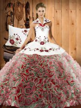 Popular Sleeveless Fabric With Rolling Flowers Sweep Train Lace Up Quinceanera Gowns in Multi-color with Embroidery