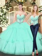  Apple Green Sweetheart Lace Up Beading and Ruffled Layers Quince Ball Gowns Sleeveless