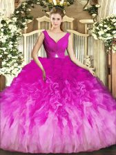 Colorful Sleeveless Floor Length Beading and Ruffles Backless Quinceanera Dresses with Fuchsia