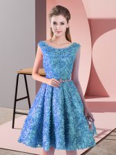  Lace Scoop Sleeveless Lace Up Belt Prom Dresses in Baby Blue