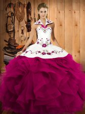  Fuchsia Lace Up Sweet 16 Dress Embroidery and Ruffles Sleeveless Floor Length