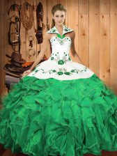 Pretty Turquoise Satin and Organza Lace Up Halter Top Sleeveless Floor Length Sweet 16 Quinceanera Dress Embroidery and Ruffles