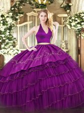 Low Price Halter Top Sleeveless Quinceanera Gowns Floor Length Embroidery and Ruffled Layers Fuchsia Organza and Taffeta