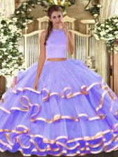 Eye-catching Two Pieces Ball Gown Prom Dress Lavender Halter Top Organza Sleeveless Floor Length Backless