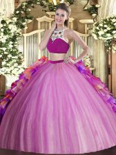  Lilac Two Pieces Tulle High-neck Sleeveless Beading and Ruffles Floor Length Backless Sweet 16 Dresses