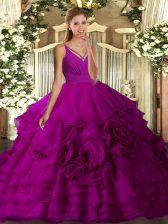  Fuchsia Ball Gowns Organza V-neck Sleeveless Beading and Ruffled Layers Floor Length Backless Ball Gown Prom Dress