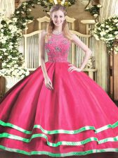  Hot Pink Sleeveless Floor Length Beading Zipper Sweet 16 Dress