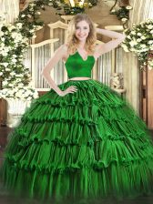  Green Organza Zipper Quinceanera Gowns Sleeveless Floor Length Ruffled Layers