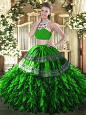 Cute Sleeveless Floor Length Beading and Ruffles Backless Quinceanera Gown with Green